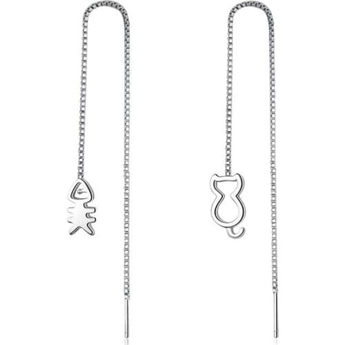 New Fashion Lovely Fresh Ear Line 925 Sterling Silver Jewelry Hollow Asymmetric Creative Cat And Fish Dangle Earrings SE671