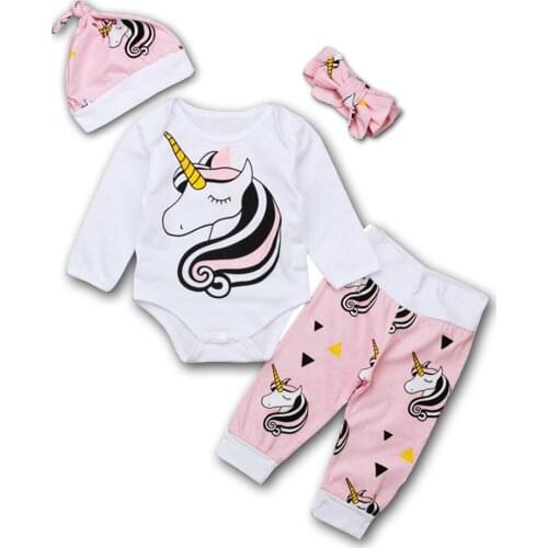 New born baby clothes unicorn Jumpsuit One-piece long-sleeved top+Long pants+hat+Headband 4 piece set baby romper 0-24Months