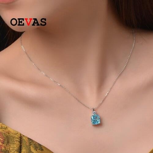 OEVAS 100% 925 Sterling Silver 9*10mm Aquamarine High Carbon Diamond Pendant Necklace For Women Sparkling Wedding Fine Jewelry
