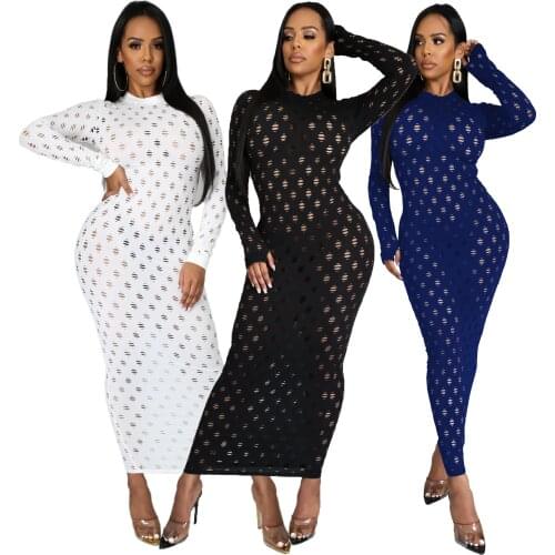 Sexy Hollow Out Nightclub Maxi Dress Fashion Super Stretch Jacquard Knitted Dresses Round Neck Long Sleeve Bodycon Beach Dresses