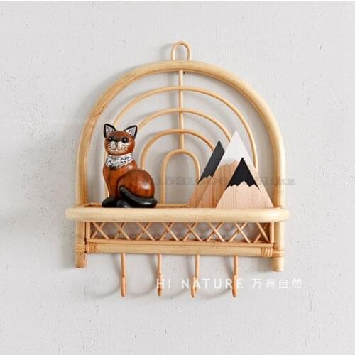 Rattan Wall Shelf Handmade Semi Circular Rattan with Hook Wall Rack Childrens Room Decoration Porch Coat Hook Home Furnishings