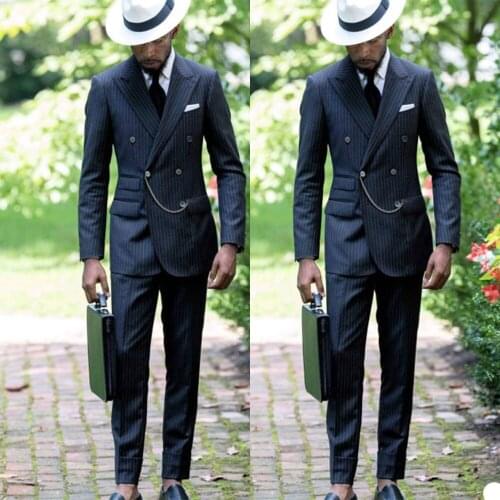 Pinstripe Formal Mens Suits Slim Fit Double Breasted Peaked Lapel Prom Outside Party Office Blazer Jacket(Jacket+Pants)