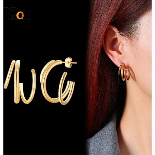 Vnox Minimalist Linear Stud Earrings for Women, Anti Allergy Gold Tone Stainless Steel Ear Clip Jewelry,Gifts for Her