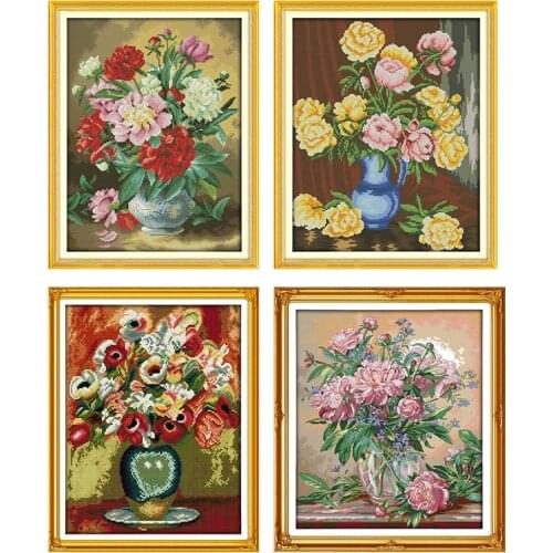 The Peony Vase Cross Stitch Flowers Patterns 14CT DIY Handmade Embroidery Chinese Style 11CT Count Printed Canvas Needlework Set