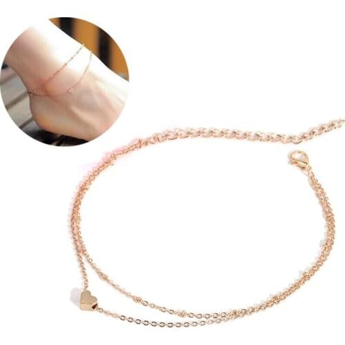 Volunge 2017 Fashion Heart Shaped Pendant Double Layer Chain Simple Beach Chain Anklets Body Jewelry Wholesale Summer Style