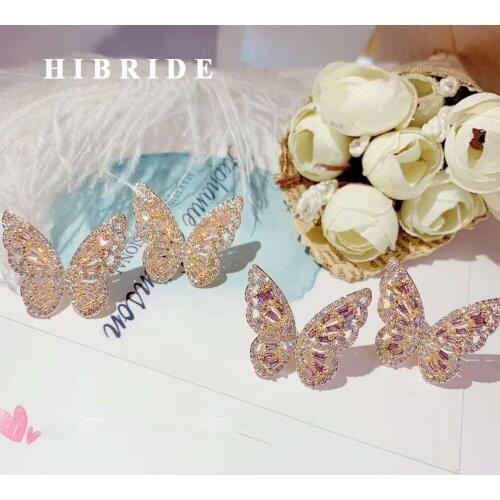 HIBRIDE Fashion Elegant Butterfly Shape Stud Earrings for Women Bridal Party Accessories CZ Brincos Big Earrings Bijoux E-945