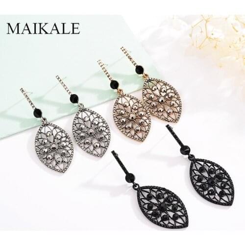 MAIKALE Vintage Hollow Alloy Big Earrings Black Rhinestone Exaggerated Earrings Hanging Drop Earrings for Women Jewelry Gifts