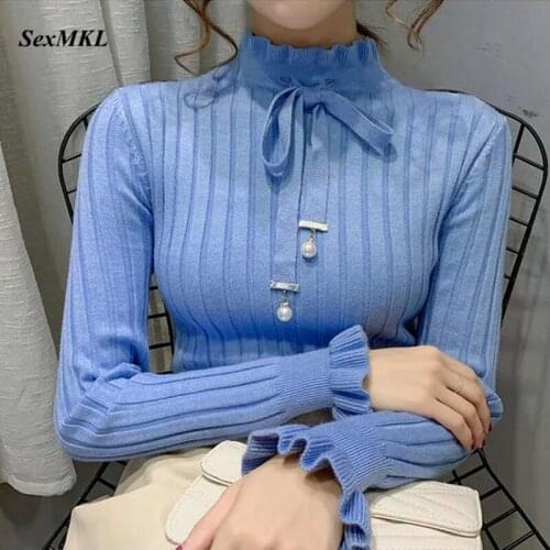 Women Bow Winter Sweaters 2020 Fashion Long Sleeve Casual Knitted Pullovers Korean Clothing Elegant Slim White Black Ladies Tops