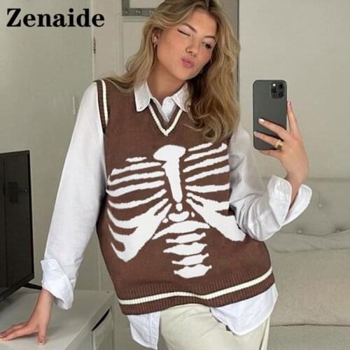Zenaide Patchwork Women Brown Knitted Vest Sweater Autumn Winter Fashion Skeleton Print Blue V Neck Casual Sweaters Pullovers