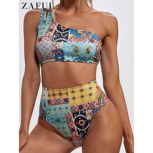 ZAFUL Ethnic Print One Shoulder Bikini Set Women Cutout High Waist Tankini Swimwear Sexy Summer Brazilian Swimsuit Beachwear