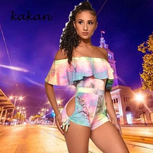 Kakan summer new womens printed tight-fitting jumpsuit hollow sexy jumpsuit