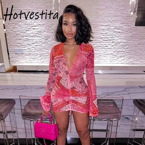 Hotvestita 2021 Summer New Women Sexy V Neck Drawstring Ruched Print Mesh See-through Flare Sleeve Bodycon Party Club Mini Dress