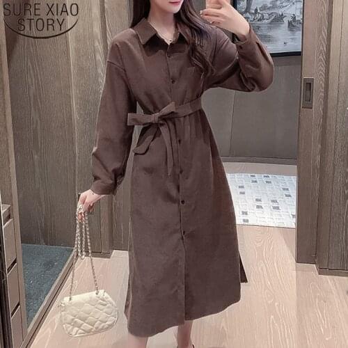 Vintage Dress Women Maxi Dress with Belt Spring Korean Button Cardigan Dresses 2021 Long Sleeve Single-breasted Dresses 12017