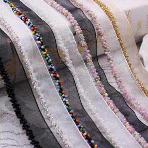 10Yards 1.5cm Width Champagne Beading Trims Colorful Beaded Ribbon For Sewing Curtain Accessories Mesh Organza Lace Decoration