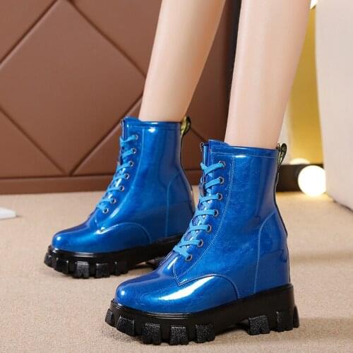 2020 Shoes Women Height Increasing Ankle Boots Winter Keep Warm Patent Leather Platform Wedges Short Boots Women 3 Colors
