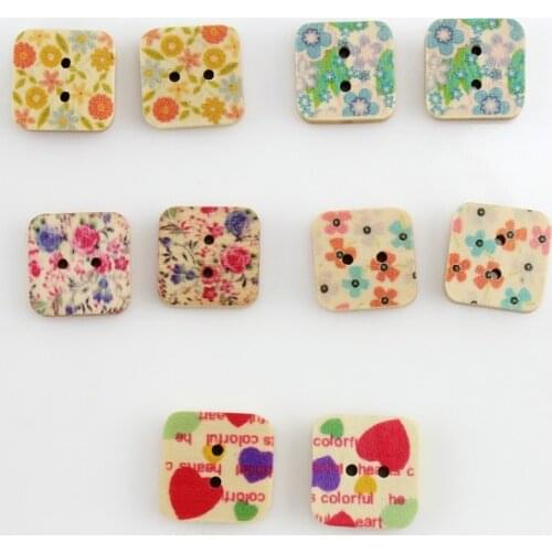 500pcs Square Shaped Assortment lovely rose floral paint pack wood Wooden Buttons 2 holes for DIY natural wooden beads