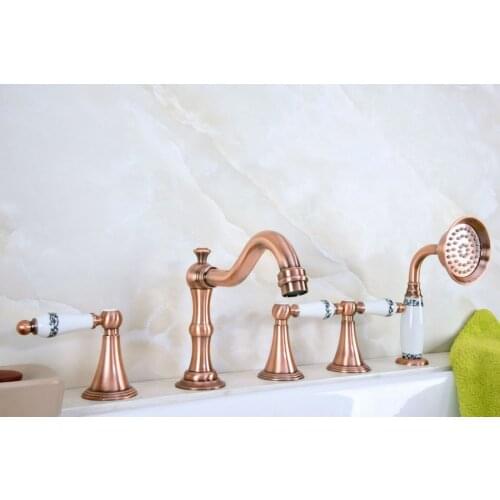 Antique Red Copper Brass Widespread Three Handles Deck Mounted 5 Holes Bathroom Tub Faucet Mixer Tap With Handshower mtf214