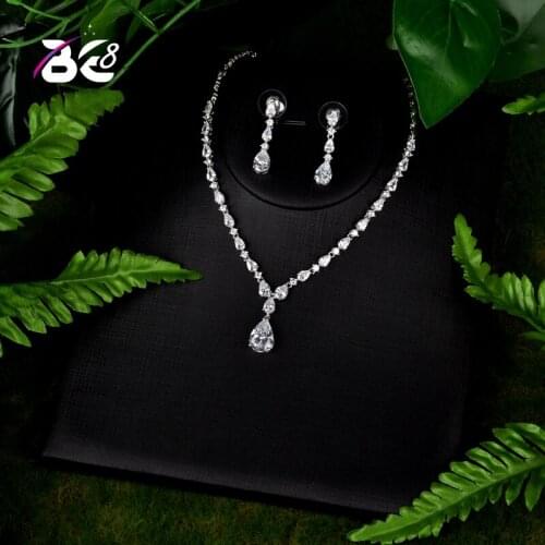 Be 8 Newest Luxury Sparking Brilliant Cubic Zircon Clear Necklace Earrings Wedding Bridal Jewelry Sets Dress Accessories S102