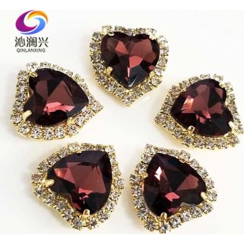 Free shipping Gold bottom Wine red heart shape Crystal glass buckle,sew on rhinestones for Diy/jewelry accessories SWHK18