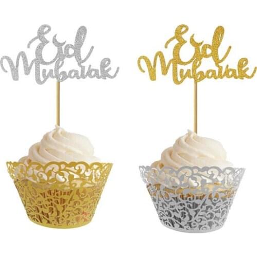 Glitter gold silver Eid Mubarak muslin eid party cupcake toppers wedding decorations doughnut food treat fruit picks