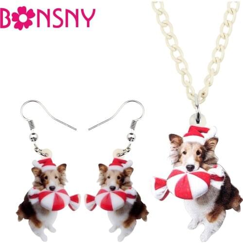 Bonsny Acrylic Christmas Candy Welsh Corgi Dog Jewelry Set Necklace Earrings Animal Jewelry Women Girls Charm Gifts 2019 Fashion