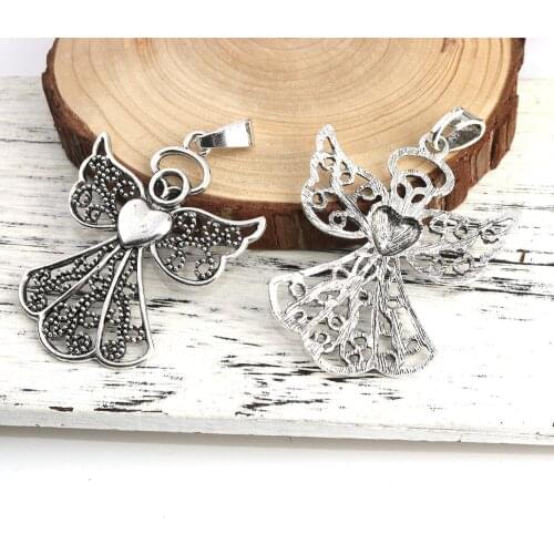 DoreenBeads 3 PCs Fashion Women Trendy Jewelry Zinc Based Alloy Pendants Angel Antique Silver Color Heart Handmade 8cm x 5.4cm