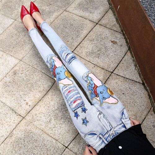 European station 2021 jeans female new embroidery elephant hole high waist fashion slim slim pencil trousers