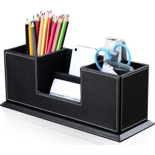 Quality PU leather multifunctional desktop storage box fashion double pen stationery box