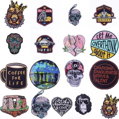 Round shape Patches Broidered Patches Skull UFO Embroidery Patch For Clothing Sewing Decoration Stickers On Clothes Applique DIY