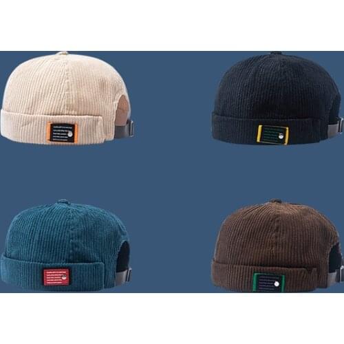 Men Women Skullcap Sailor Cap Corduroy Warm Rolled Cuff Bucket Cap Brimless Hat Solid Color Adjustable Cotton Hats