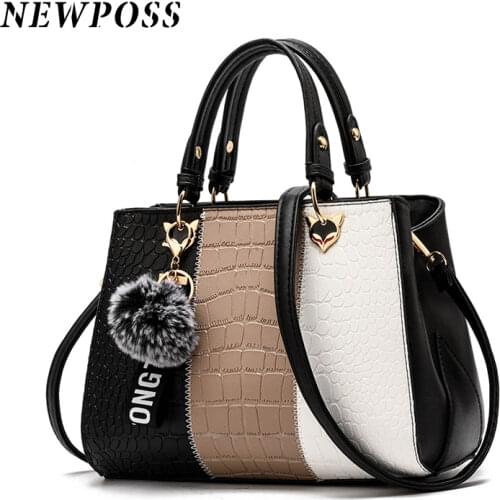 Newposs Womens Handbags Leather Stitching Wild Bags for Women 2021 Casual Tote Ladies Bags Bolsos Fur Women Messenger Bags