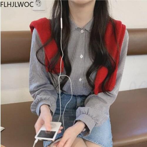 New Fashion Womens Cute Tops Preppy Style Vintage Japaneses Style Girls Korea Design Button Elegant Formal Plaid Shirts Blouses
