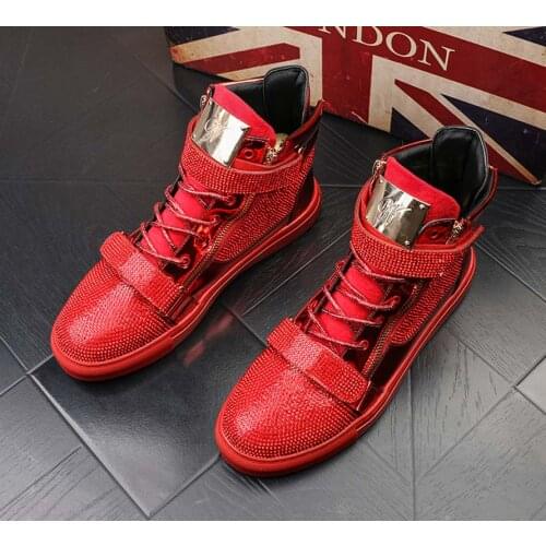 New Men High-Tops Luxury Rhinestone Double Zippers Casual Flats Shoes Loafers Male Crystal Prom Dress Sneakers Tenis Masculino