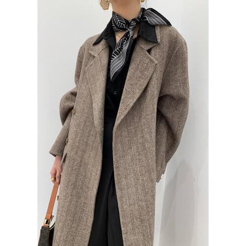 Herringbone pattern retro temperament mid-length double-sided cashmere coat woolen coat Korean version 21 new