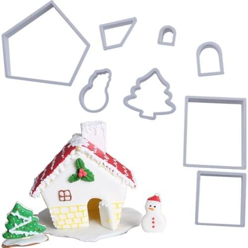 8Pcs Plastic Christmas Gingerbread House Mould 3D Cookie Cutter Set DIY Biscuit Mold Pastry Cake Stamp Baking Tools Accessories