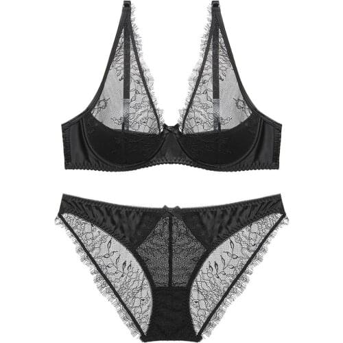 Transparent Sexy Eyelashes Charm Ultra Thin Large Bra Womens Underwear Rear Double Row Buckle 3/4 Cup Erotic Bra Set