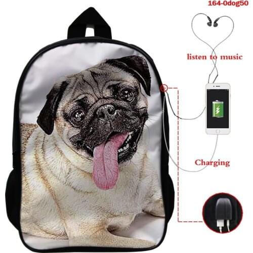 Funny 3D Pug Dog Print Boys Girls Backpack Travel Laptop Dayback Teens Middle School Student Shoulder Bag USB Charger Backpack