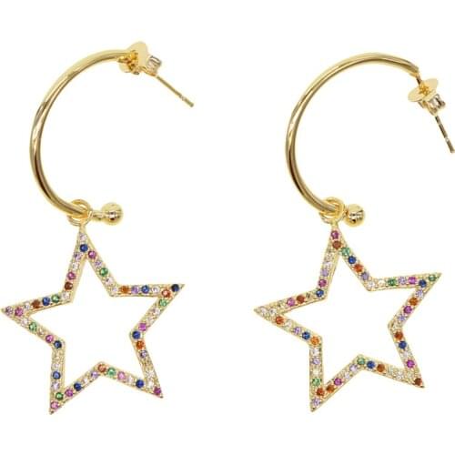 Gold filled Fashion moving hollow rainbow cz star dangle charm earring drop shipping Five-pointed Star Earrings women Jewelry