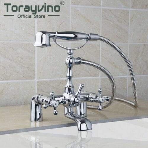Phone Style Deck Mount Bathroom Bathtub Chrome Double Cross Handles Basin Sink Mixer Tap Faucet