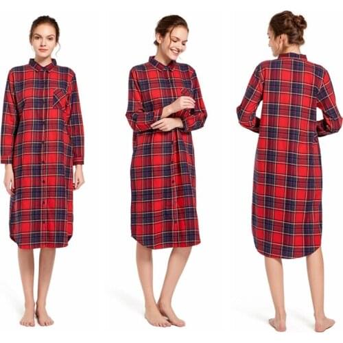 Women Nightdress Plaid Casual Full Sleeve Shirt Sleepwear 100% Cotton Big Size Vintage Fashion Stripe Winter New Homewear