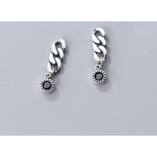 MloveAcc Punk Black CZ Earrings Vintage 925 Sterling Silver Big Chain Shape Stud Earrings for Women