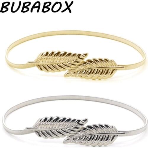 Women Leaf Design Belt Metal Leaves Cummerbund Clasp Front Stretch Waistband Gold Silver Elastic Waist Belt Leaves Chain Belt