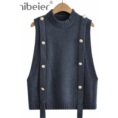Aonibeier 2021 Za Autumn Winter Sleeveless Traf Pull Jersey Knit Sweater Ribbed Trims Button Straps Patchwork Woman Vest Gilets