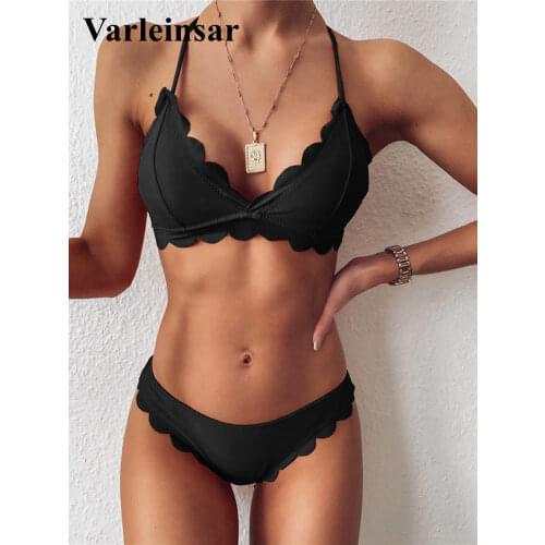 2020 Scalloped Mid Waist Bikini Female Swimsuit Women Swimwear Two-pieces Bikini set Halter Bather Bathing Suit Swim Lady V2446