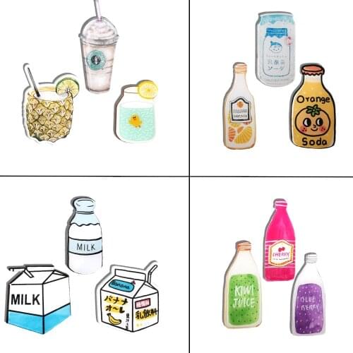 3Pcs/Lot Drinks Juice Milk Lemonade Yogurt Acrylic Brooch Custom Hat Scarf Buckle Lapel Pins For Women Jewelry Badges Gift