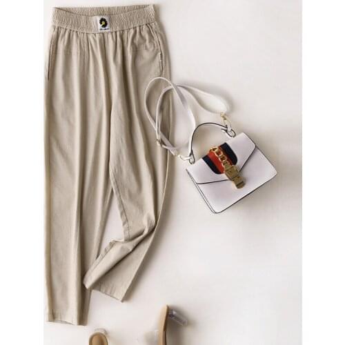 2020 Brand New Womens Summer Trousers Cotton Hemp 9 Points Pants for Female Solid Color Loose Thin Trouser