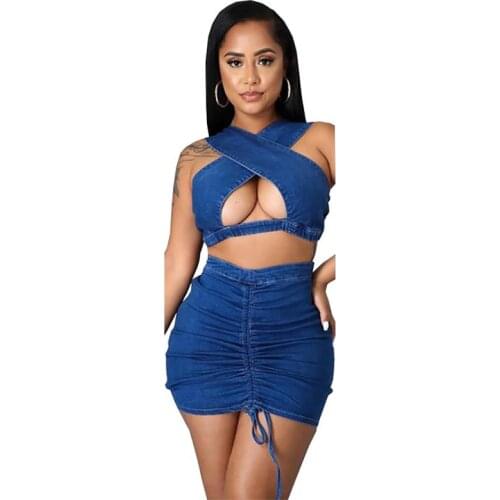 Deep Blue Two Piece Sets Women Skirts Club Outfits Hollow Out Pullover Retro Top Bandage Dresses Summer Sweet Girl Holiday Party