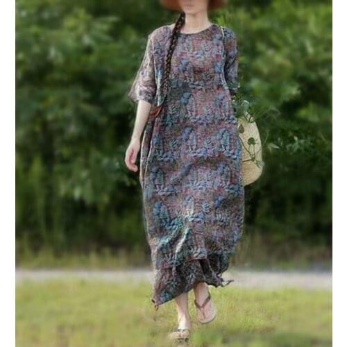 189 Years Summer Money Ramie Red Brown Bottom Printing Round Neck Single Button Easy Dress Robe 80716 h190426