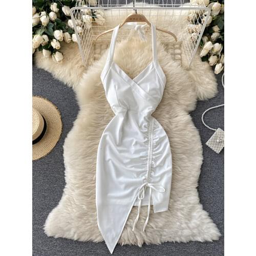 Summer Sexy Drawstring Bodycon Dress Women White Halter Mini Vestidos Ladies High Waist Sleeveless Club Party Robe Female 2021