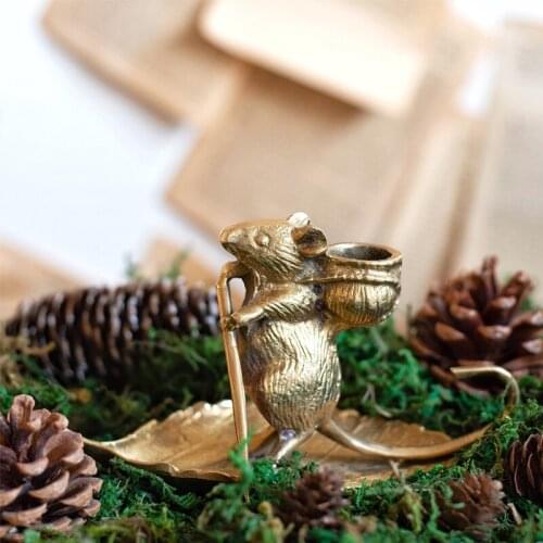 Copper Standing Mouse On Leave Candle Holder Elegant Home Tabletop Decor Copper Animal Figurines Stick Candle Holder With Handle